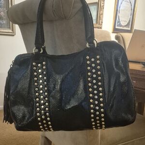 Zina Eva Black and Gold Shoulder Bag with Studded Accents, Patent Leather